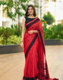 Lightweight Lilan Cotton Red Saree with Stylish Border Pattern