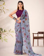 1 Minute Ready-to-Wear Grey Floral Printed Soft Saree with Contemporary Blouse
