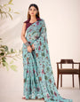 1 Minute Ready-to-Wear Sea Green Floral Printed Soft Saree with Contemporary Blouse