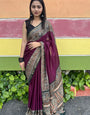 Ethnic Soft Mal Mal Cotton Silk Wine Saree for Festive & Casual Wear