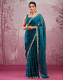 Premium Designer Organza Teal Blue Saree with Elegant Embroidered Border