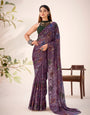 1 Minute Ready-to-Wear Wine Floral Printed Soft Saree with Contemporary Blouse