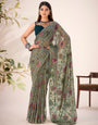 1 Minute Ready-to-Wear Mehndi Green Floral Printed Soft Saree with Contemporary Blouse